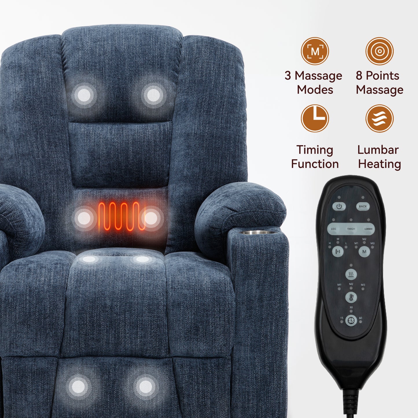 Dark blue fabric massage recliner with lumbar heating and remote control features