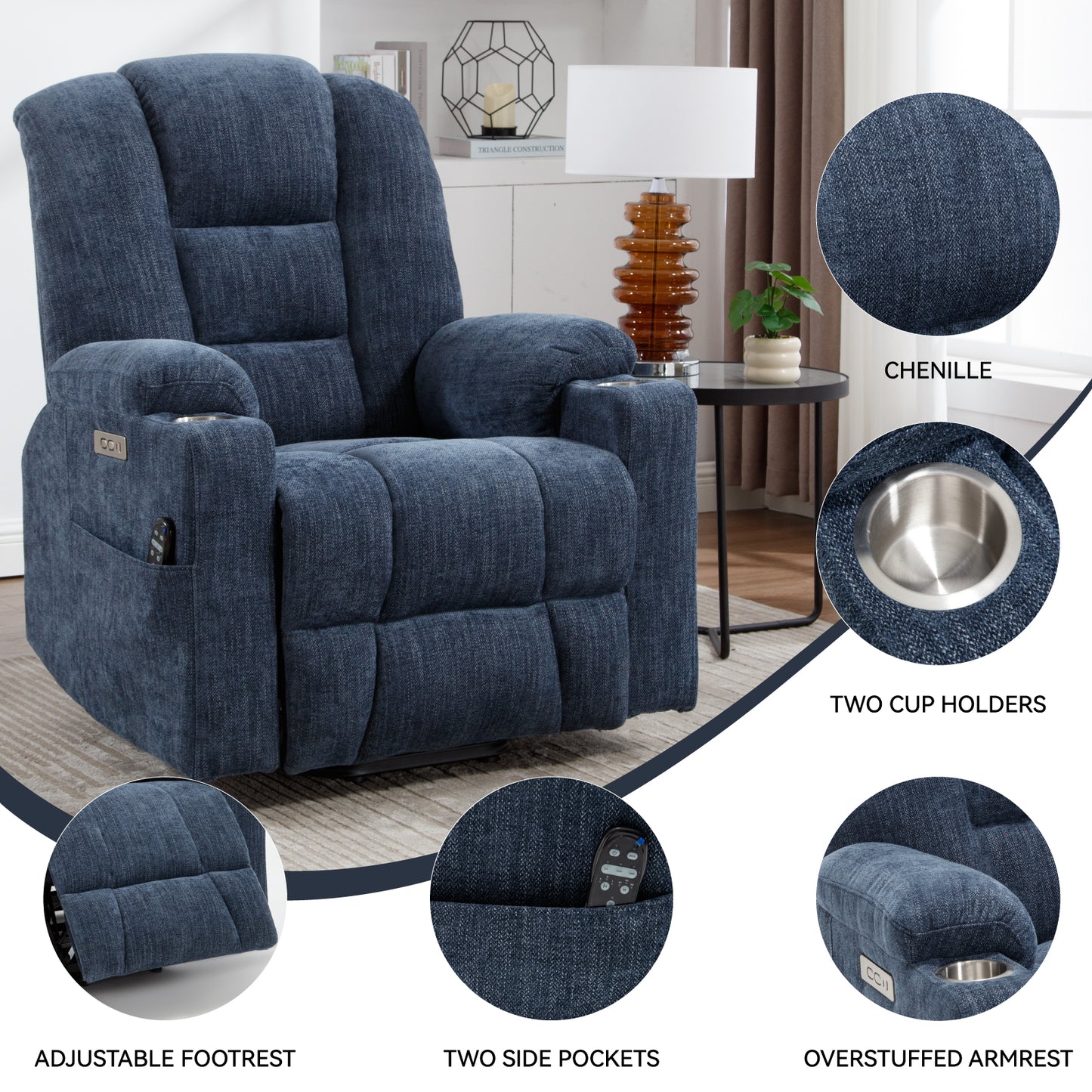 Blue chenille recliner chair with plush armrests and side pockets perfect for living rooms