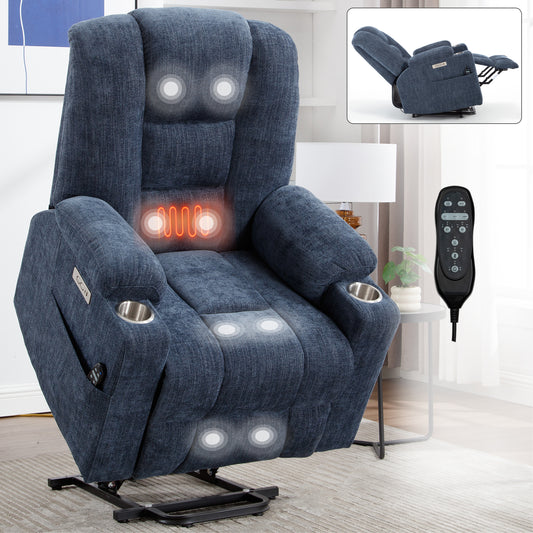 Blue fabric lift recliner with heating and massage functions and cup holders