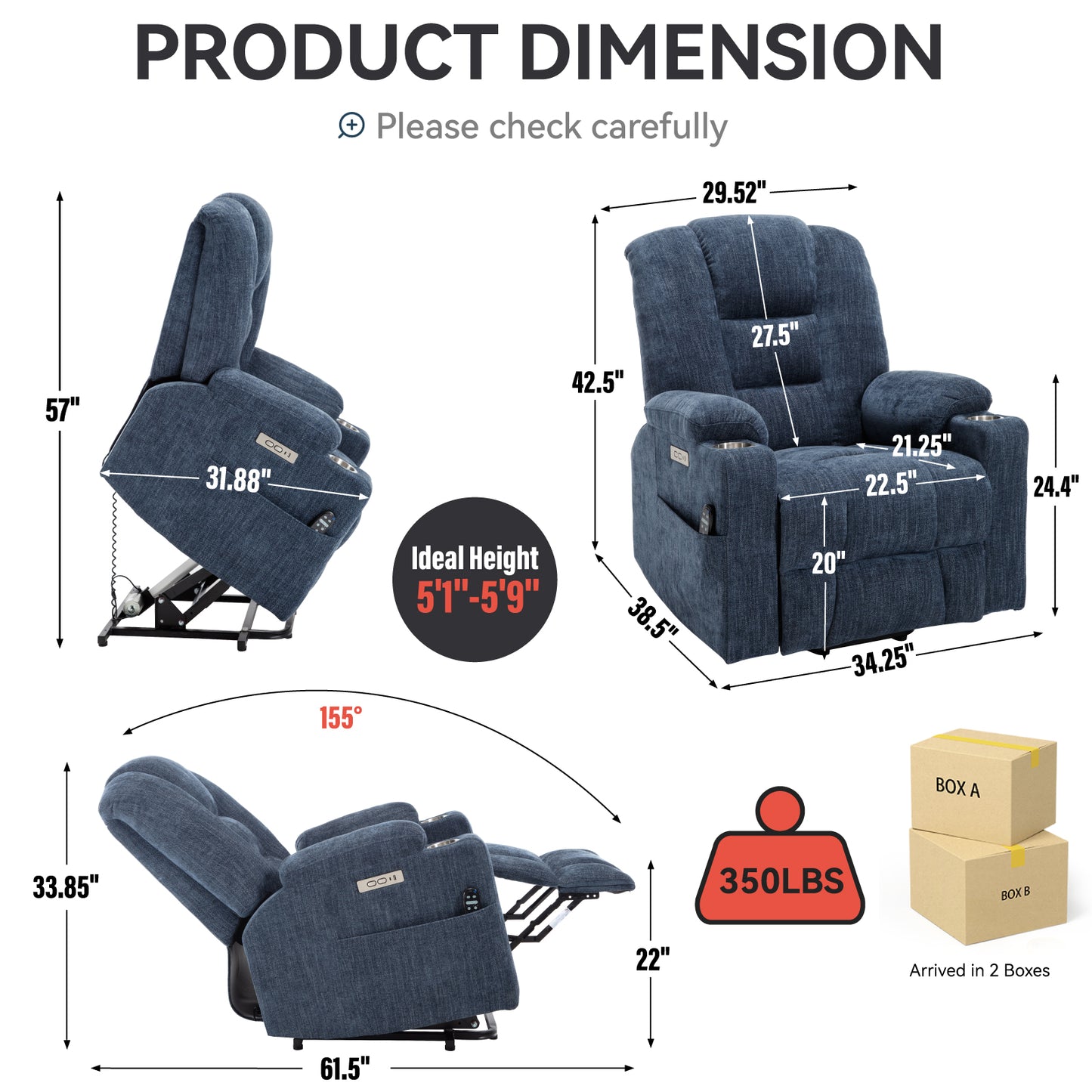 Navy blue upholstered power lift recliner with cup holders and side pockets