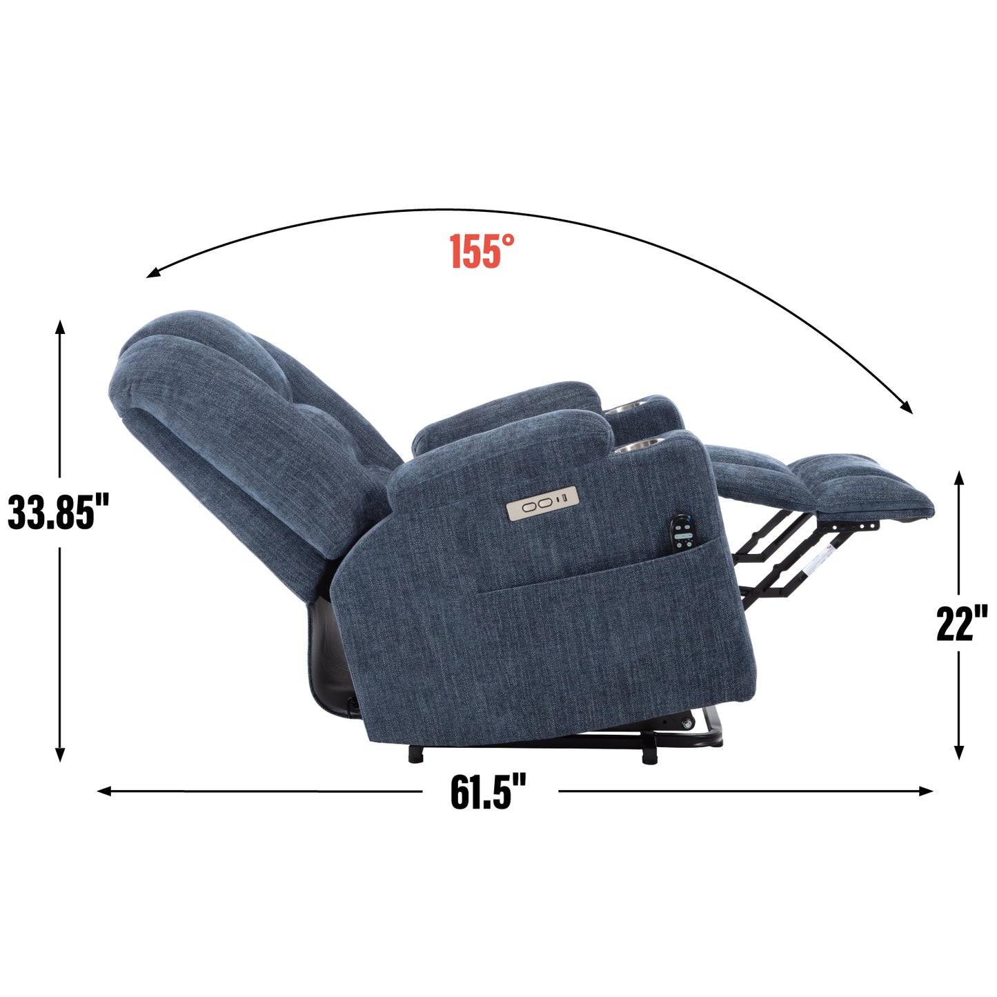 Blue upholstered power recliner shown reclined  degrees with dimensions