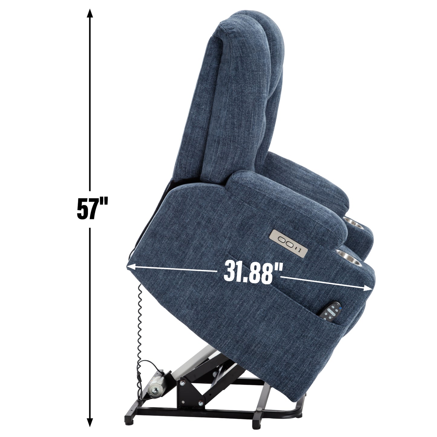 Blue fabric power lift recliner with cup holders and remote control pocket