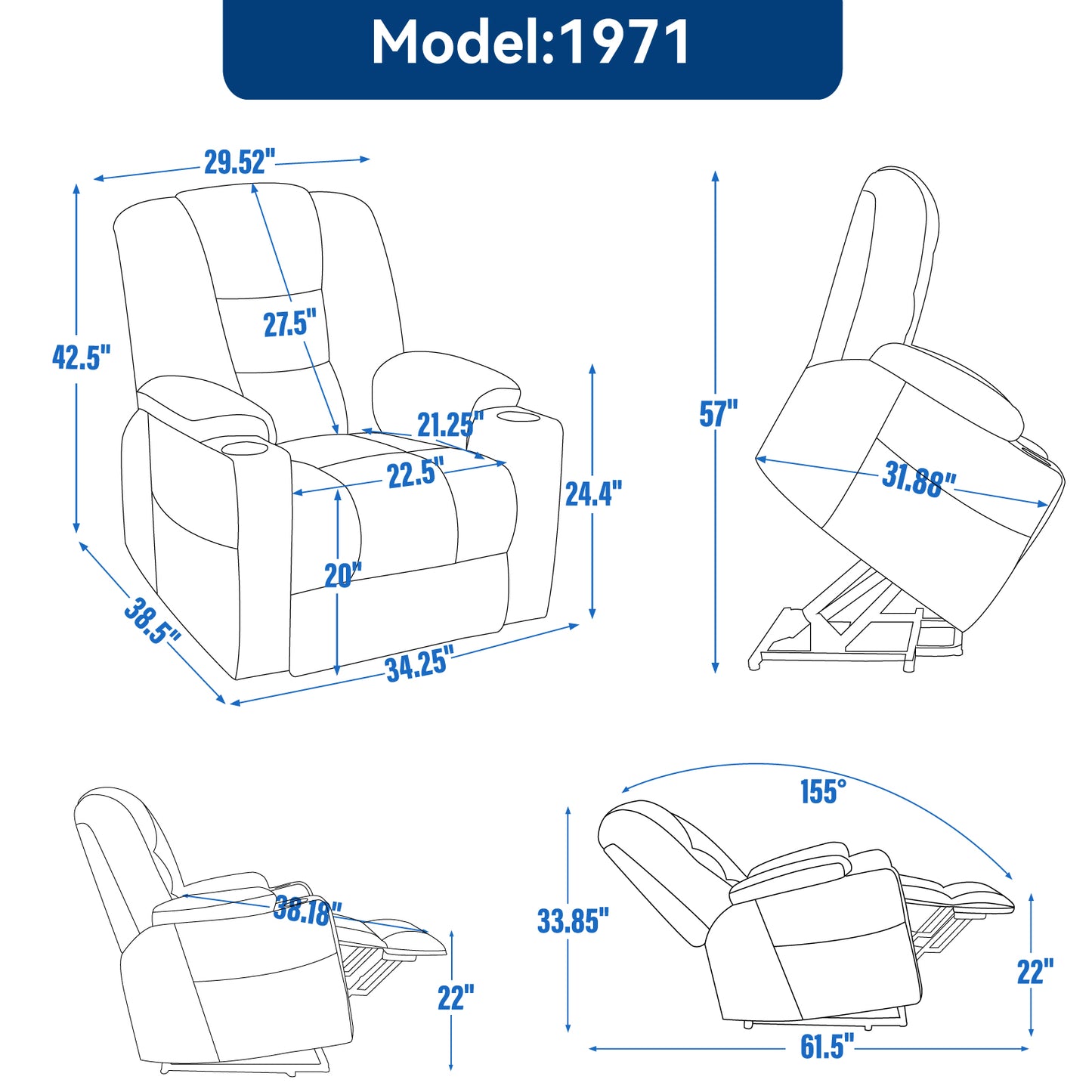 Model  recliner diagram  W x  H x  D seat depth