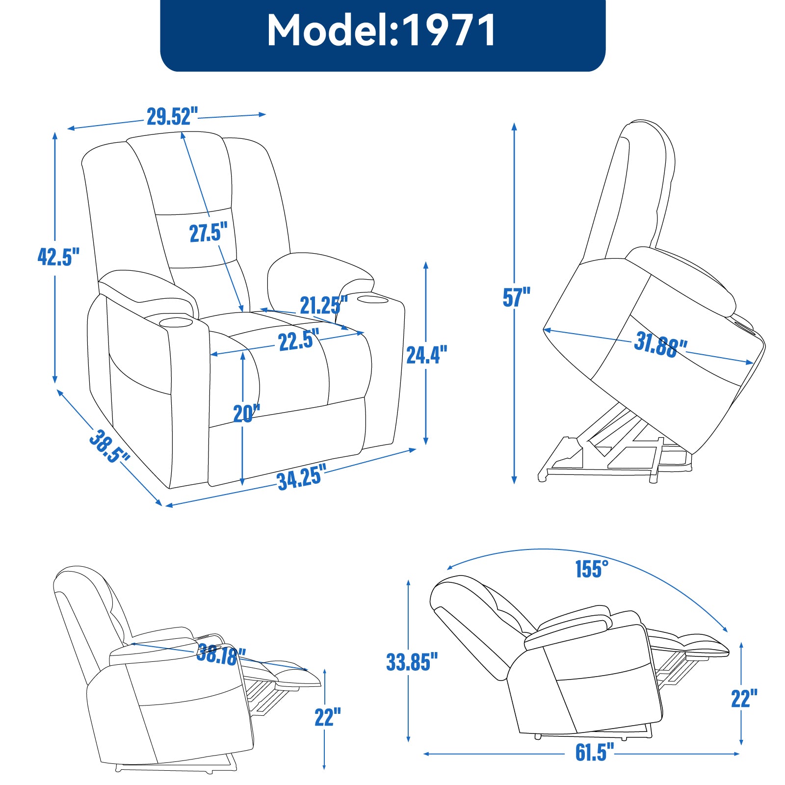 Model  recliner diagram  W x  H x  D seat depth