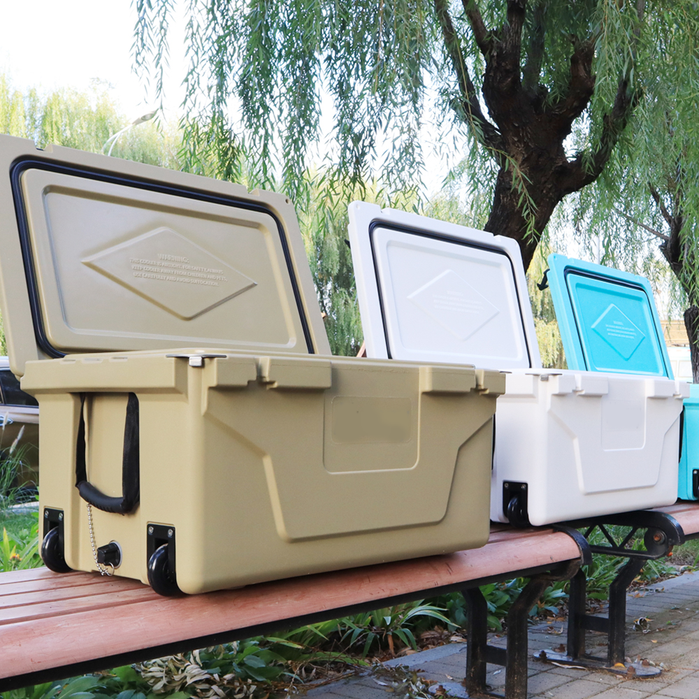 Tan heavyduty cooler with wheels and drain plug perfect for outdoor adventures