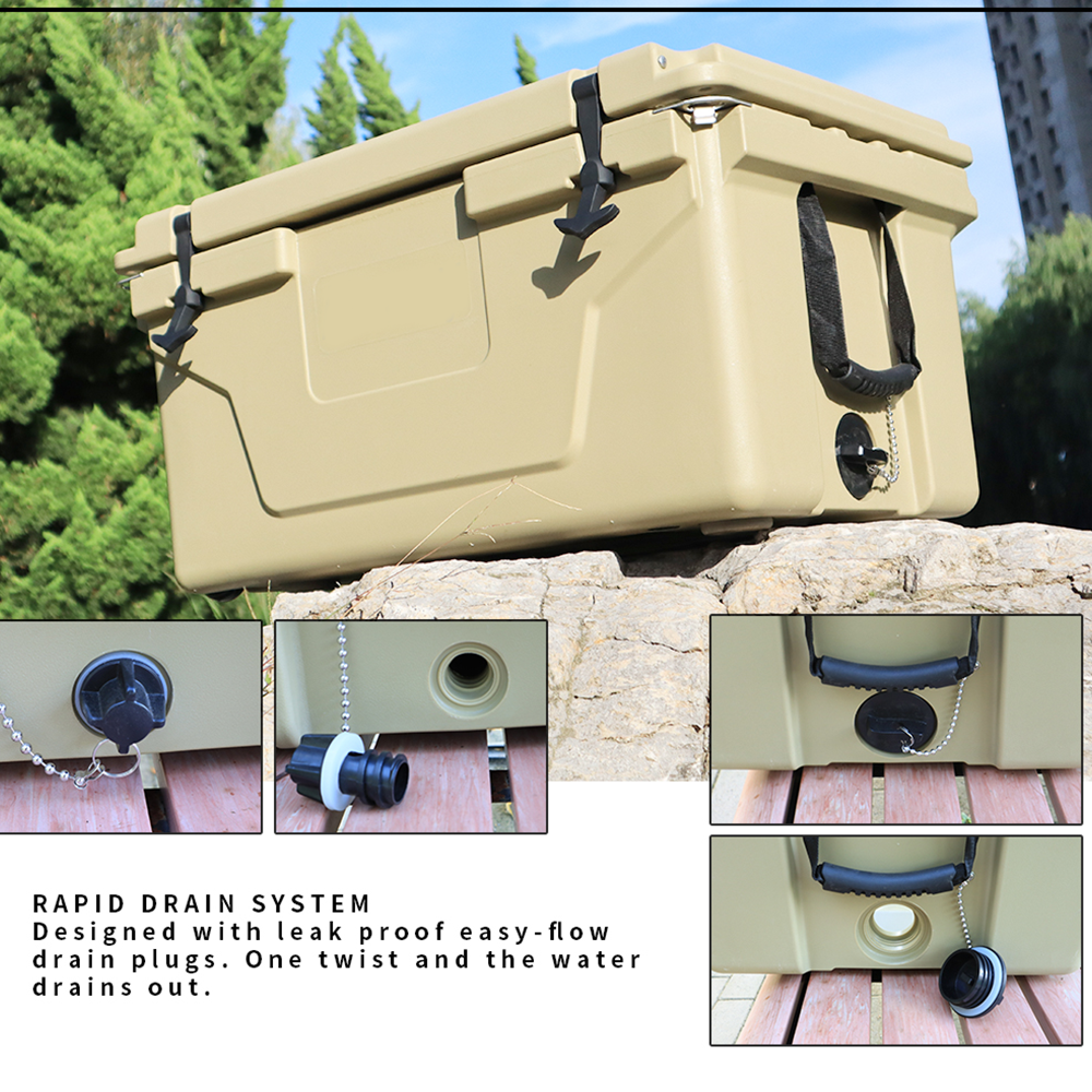 Tan rotomolded cooler with rugged exterior ideal for outdoor adventures