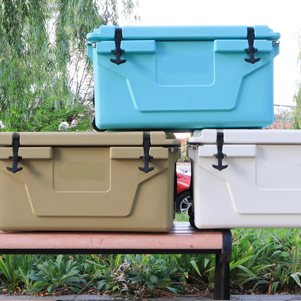 Aqua blue heavyduty cooler with black latches perfect for outdoor adventures
