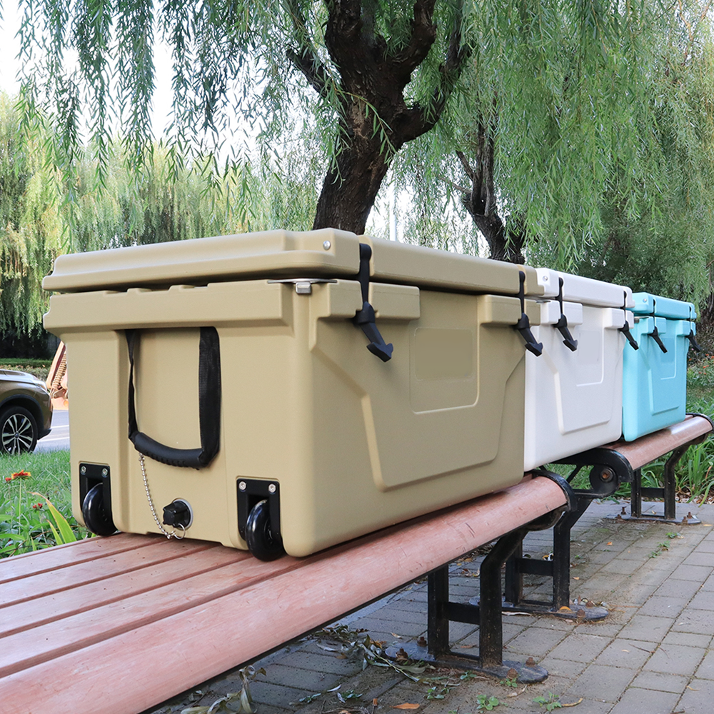 Tan heavyduty cooler with wheels perfect for outdoor adventures and camping trips