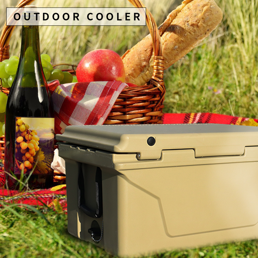 Tan portable outdoor cooler with a picnic basket wine and fruit