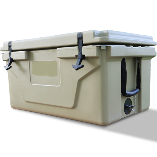 Tan rotomolded cooler with latch closures for outdoor adventures