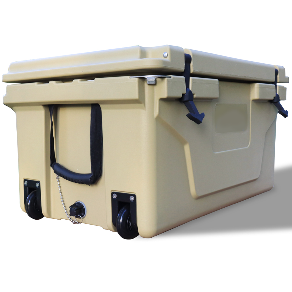 Tan rotomolded cooler with durable latches and wheels for easy transport