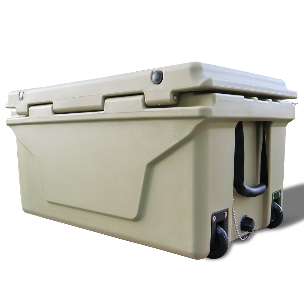 Heavyduty tan rotomolded cooler with durable wheels for easy transport