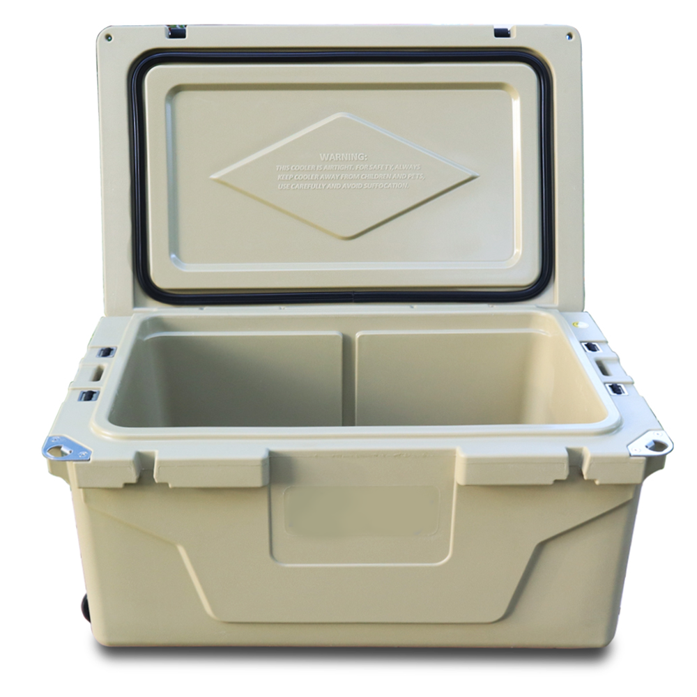 Tan rotomolded cooler with dual compartments and heavyduty latches