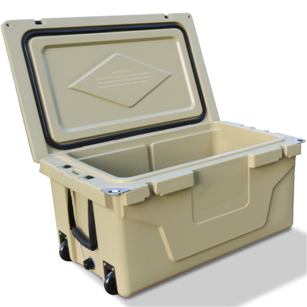 Tan heavyduty cooler with wheels and open lid perfect for outdoor adventures