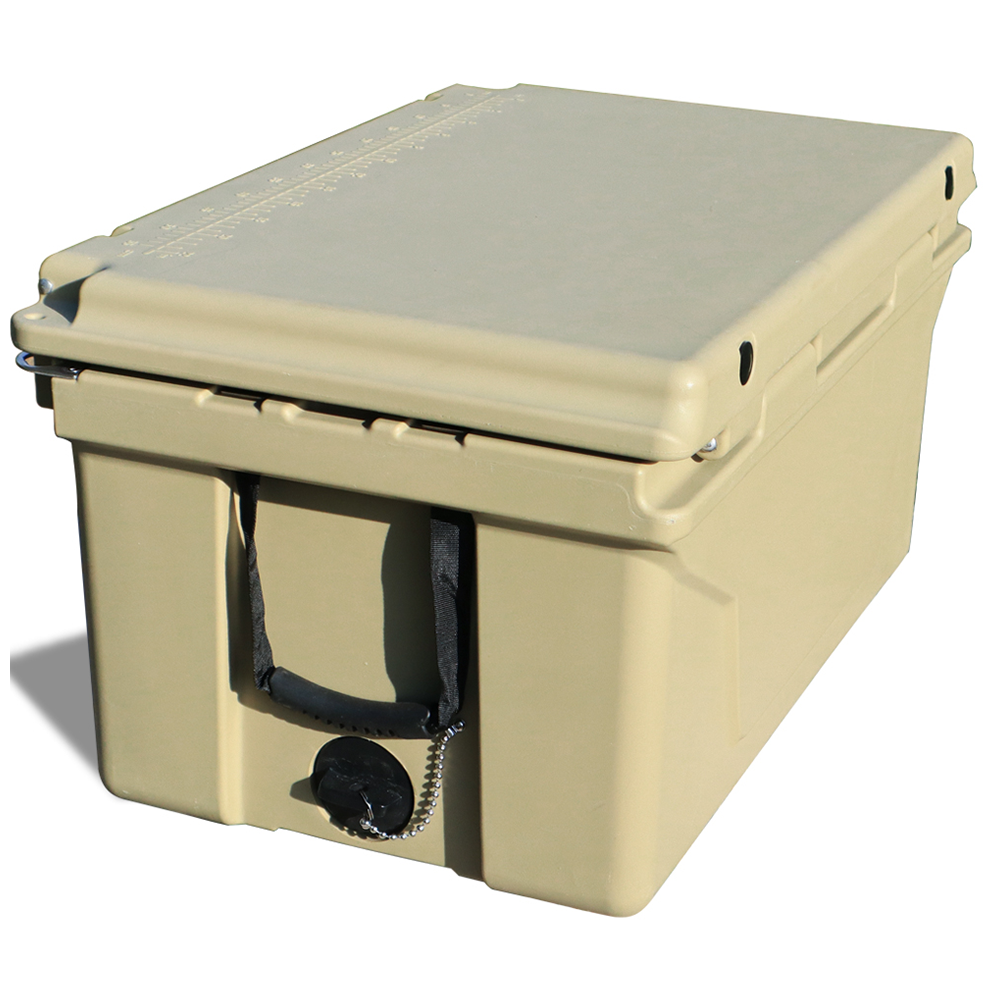 Tan rotomolded cooler with integrated ruler on lid for outdoor adventures