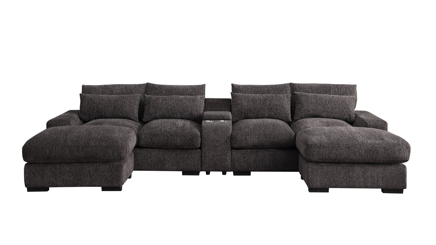 Dark charcoal fabric sectional sofa with chaise lounges and builtin cup holders