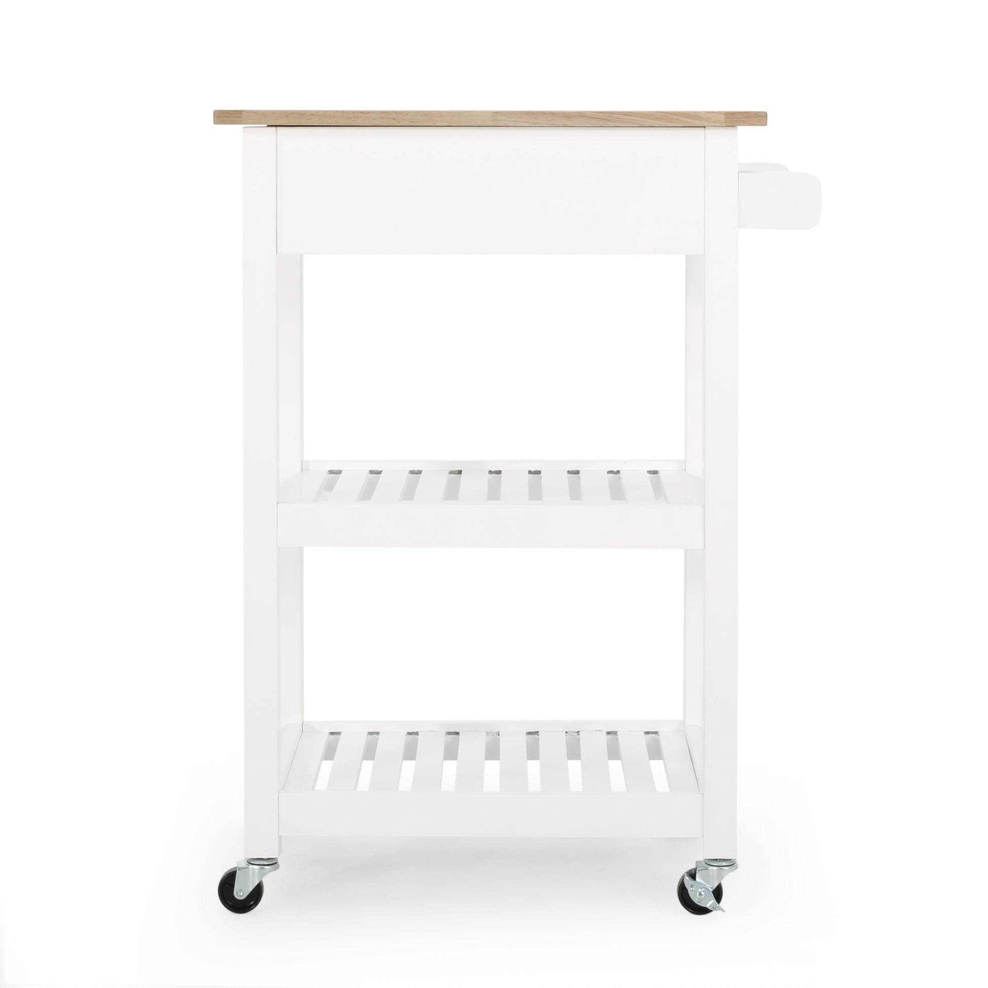 White kitchen cart with wooden top and slatted shelves