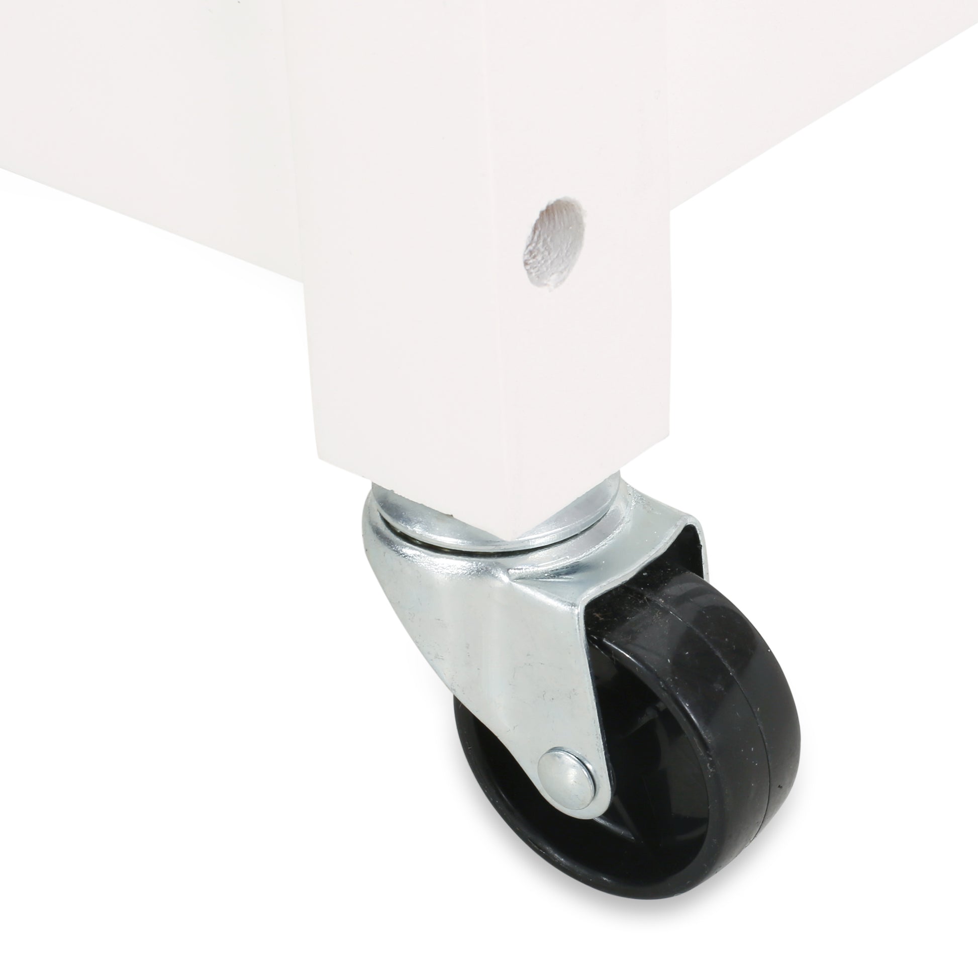 White cabinet with black swivel caster wheel and metal bracket