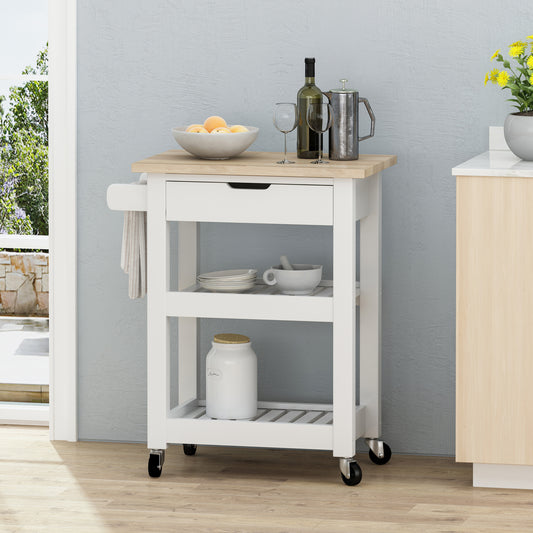 White kitchen cart with wooden top and rolling casters ideal for prep space