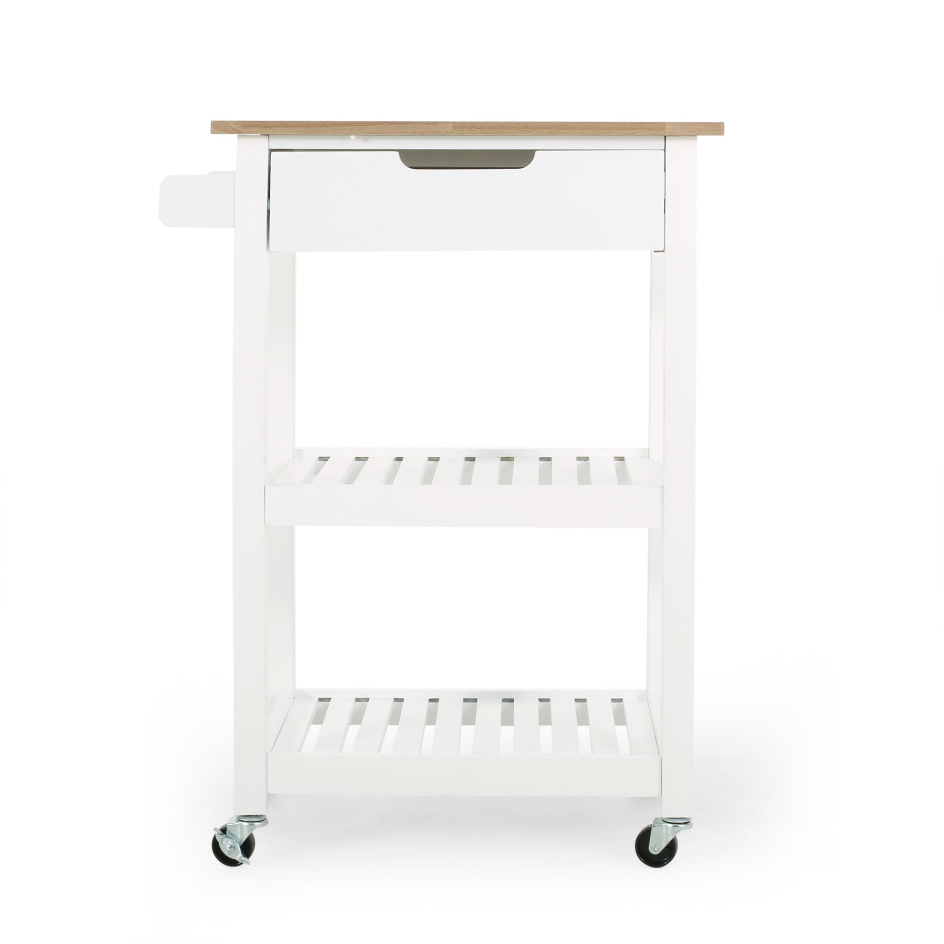 White kitchen island cart with oak wood top and two slatted shelves