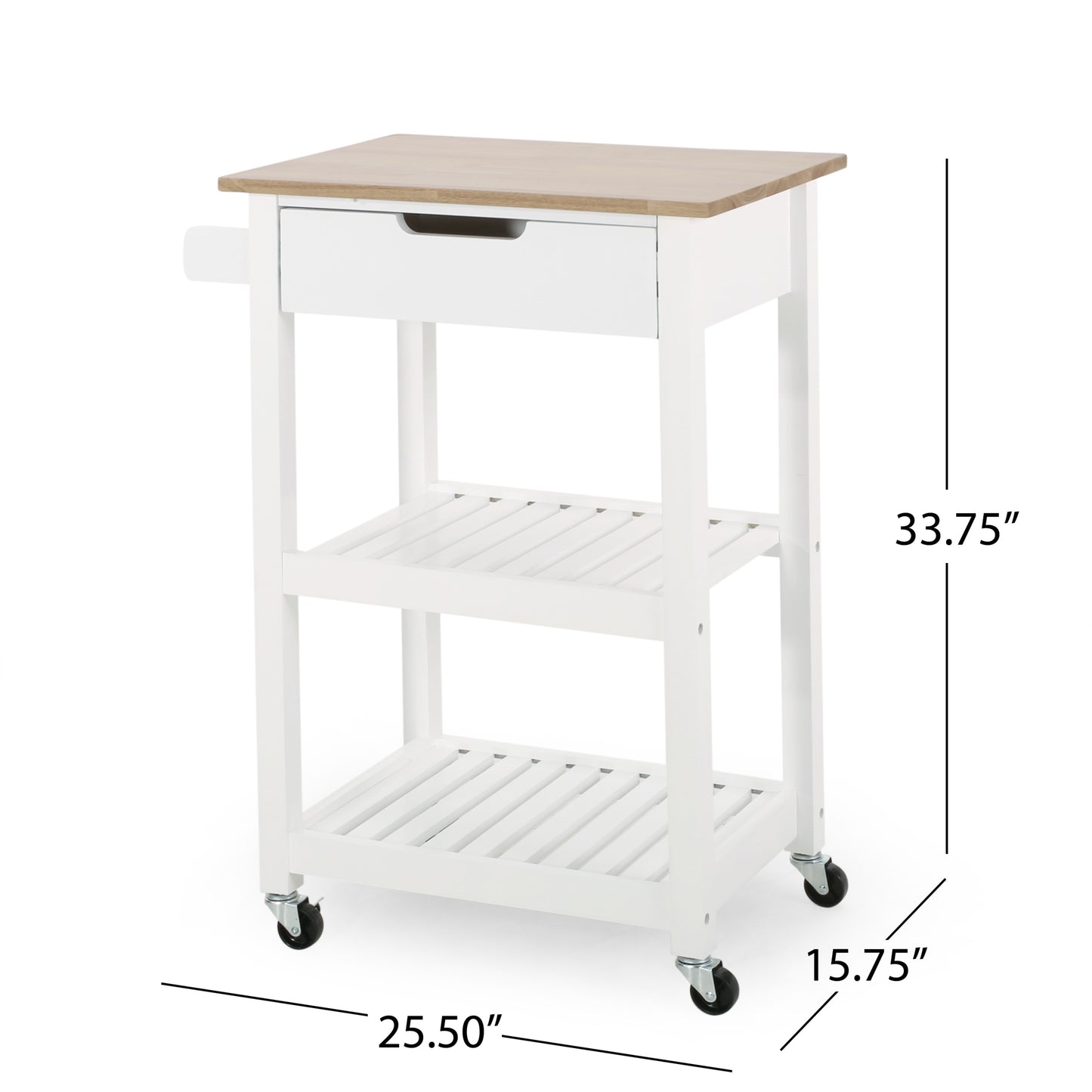 White kitchen island cart with wood top and two slatted shelves