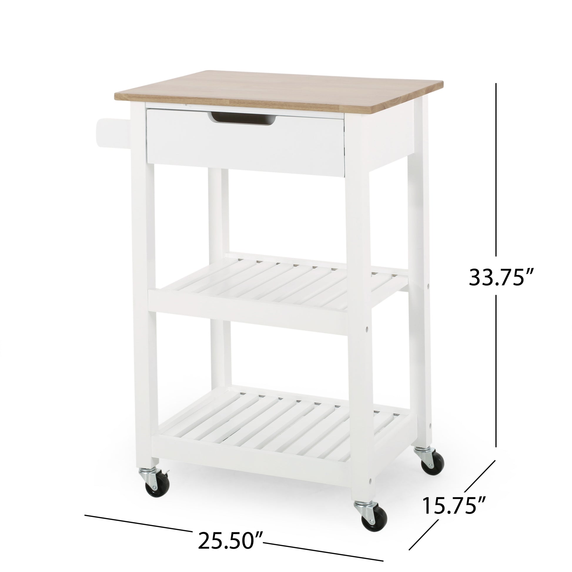 White kitchen island cart with wood top and two slatted shelves