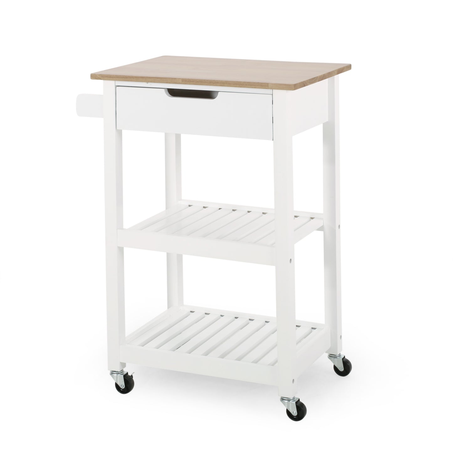 White kitchen island with wooden top a drawer and two slatted shelves on wheels