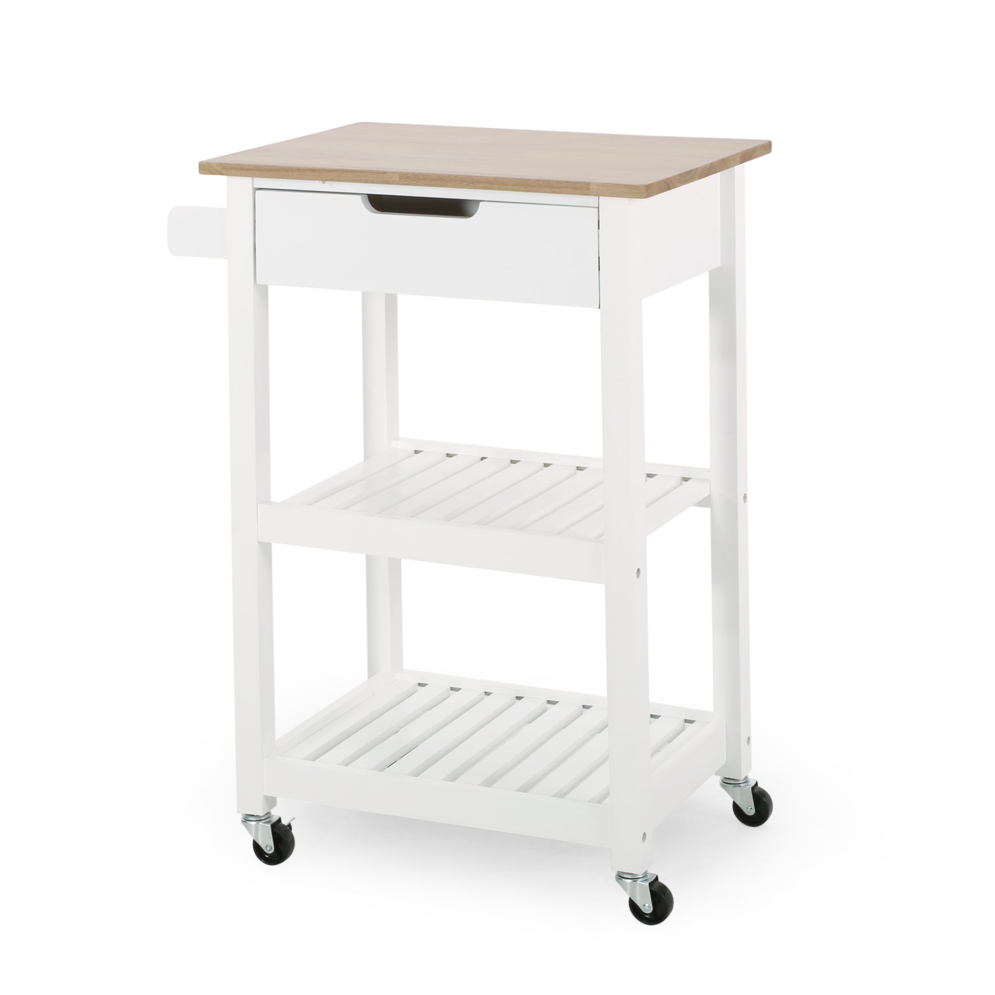 White kitchen island with wooden top a drawer and two slatted shelves on wheels