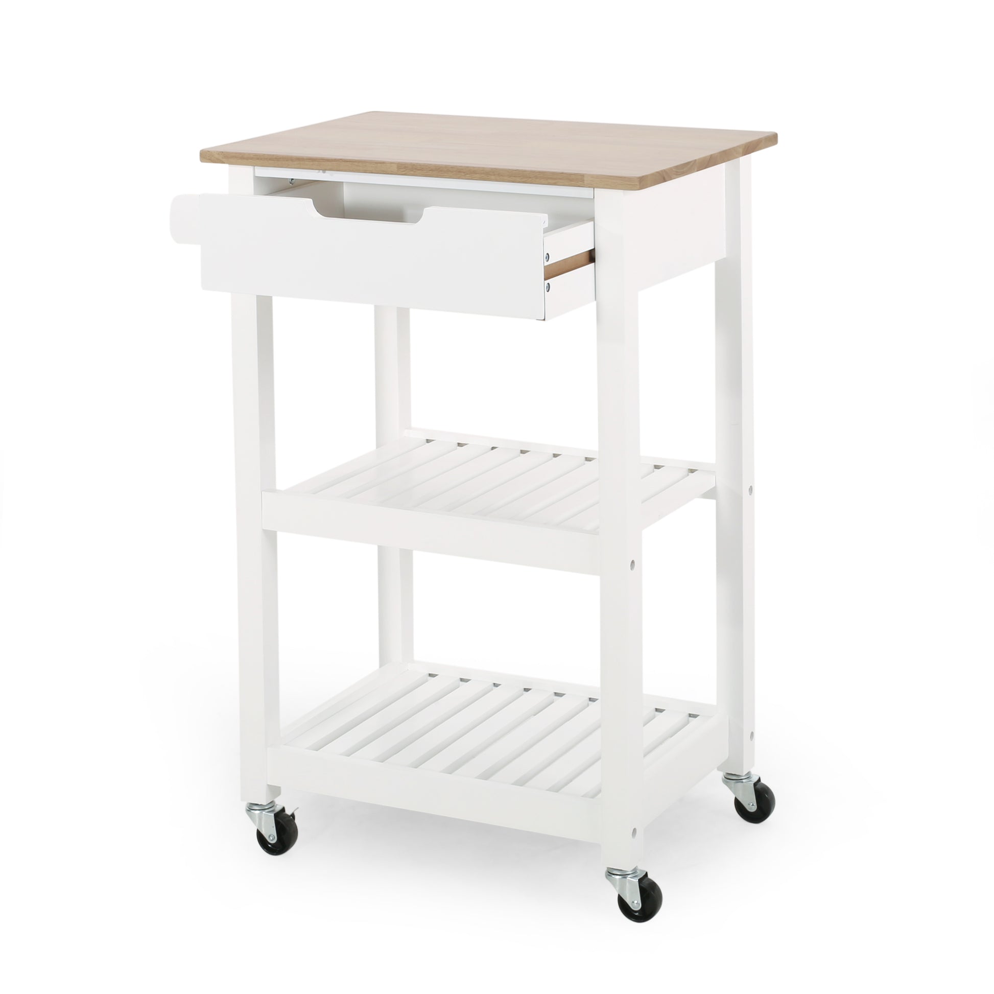 White kitchen cart with a light wood top and open drawer