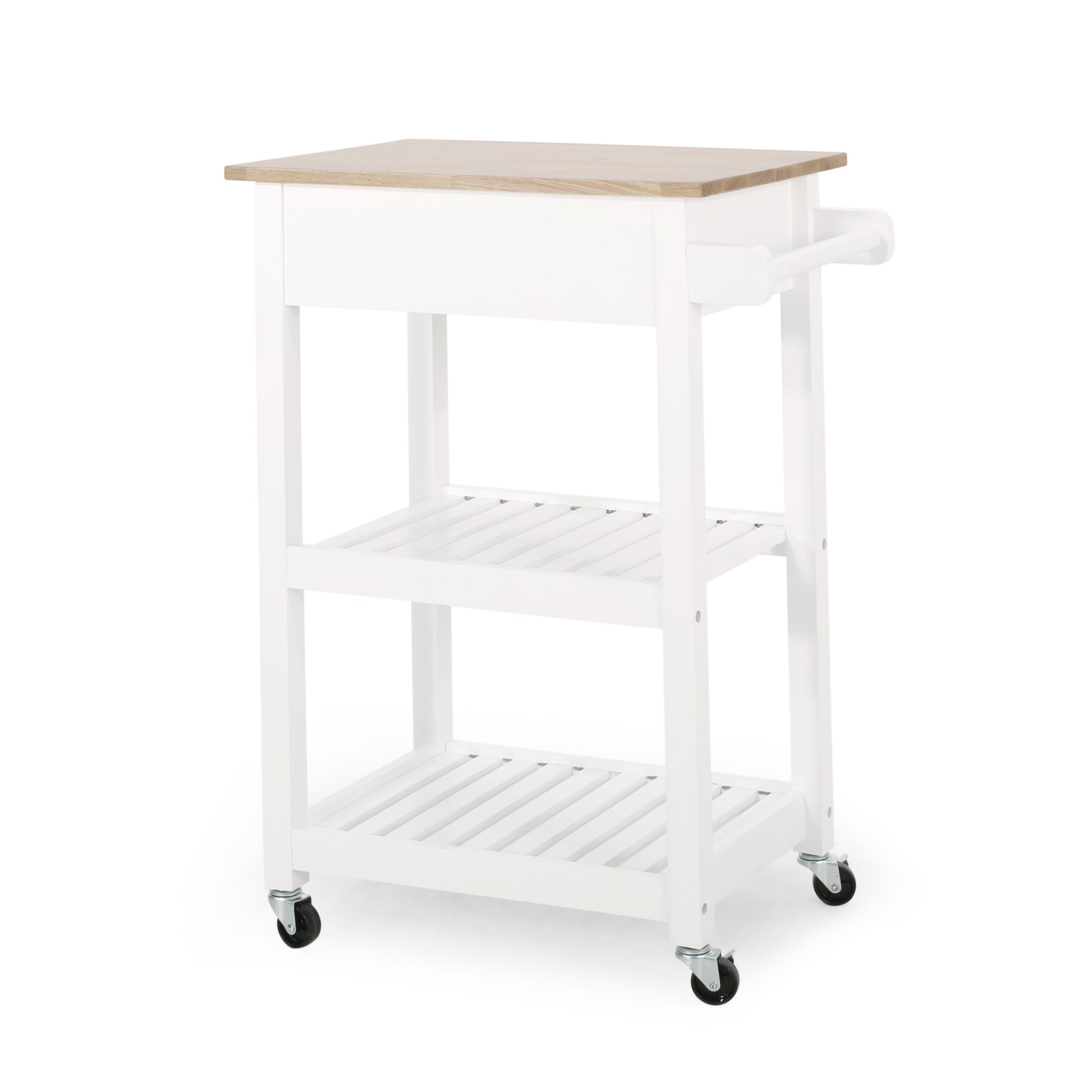 White kitchen cart with natural wood top and wheels