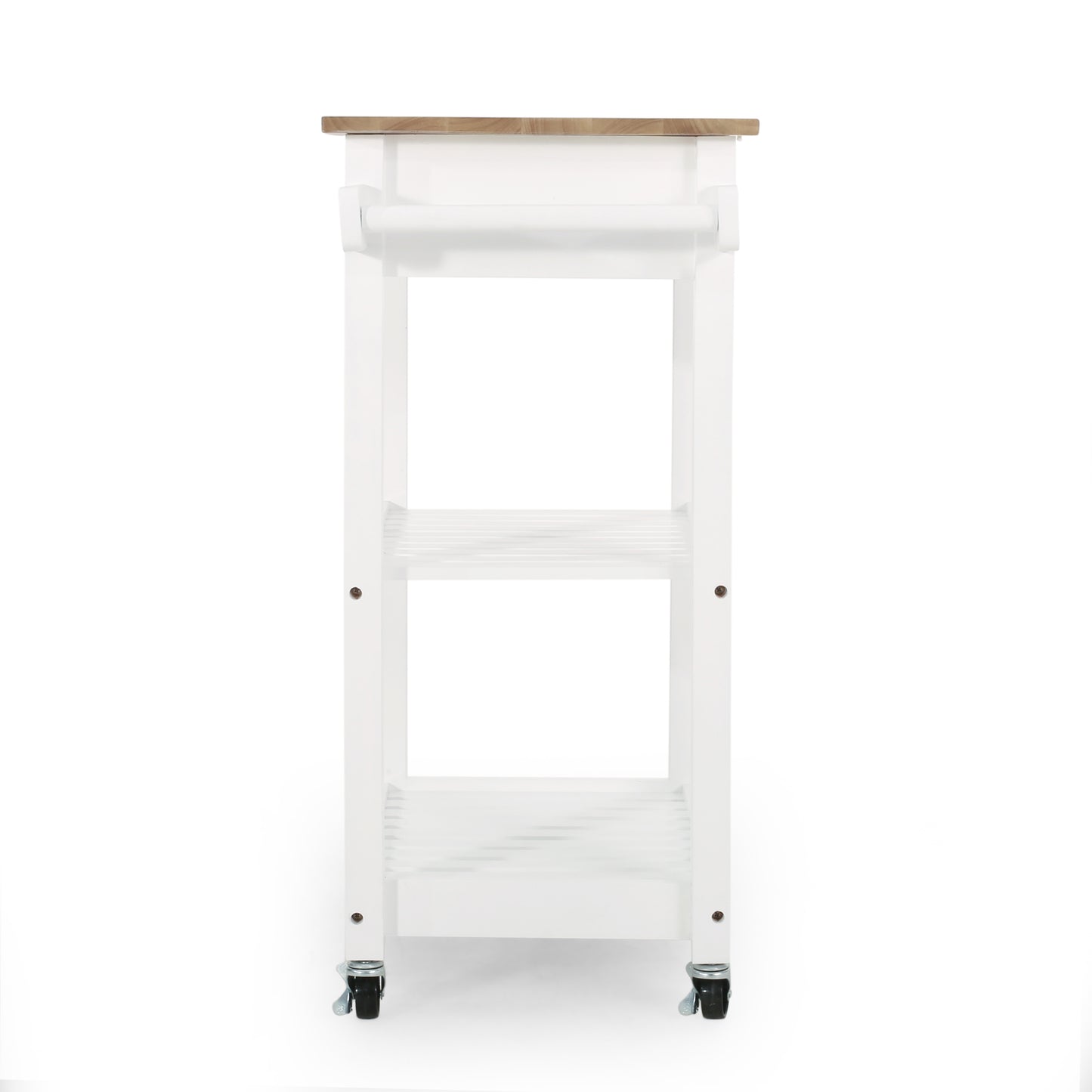 White kitchen cart with two shelves and a wooden top