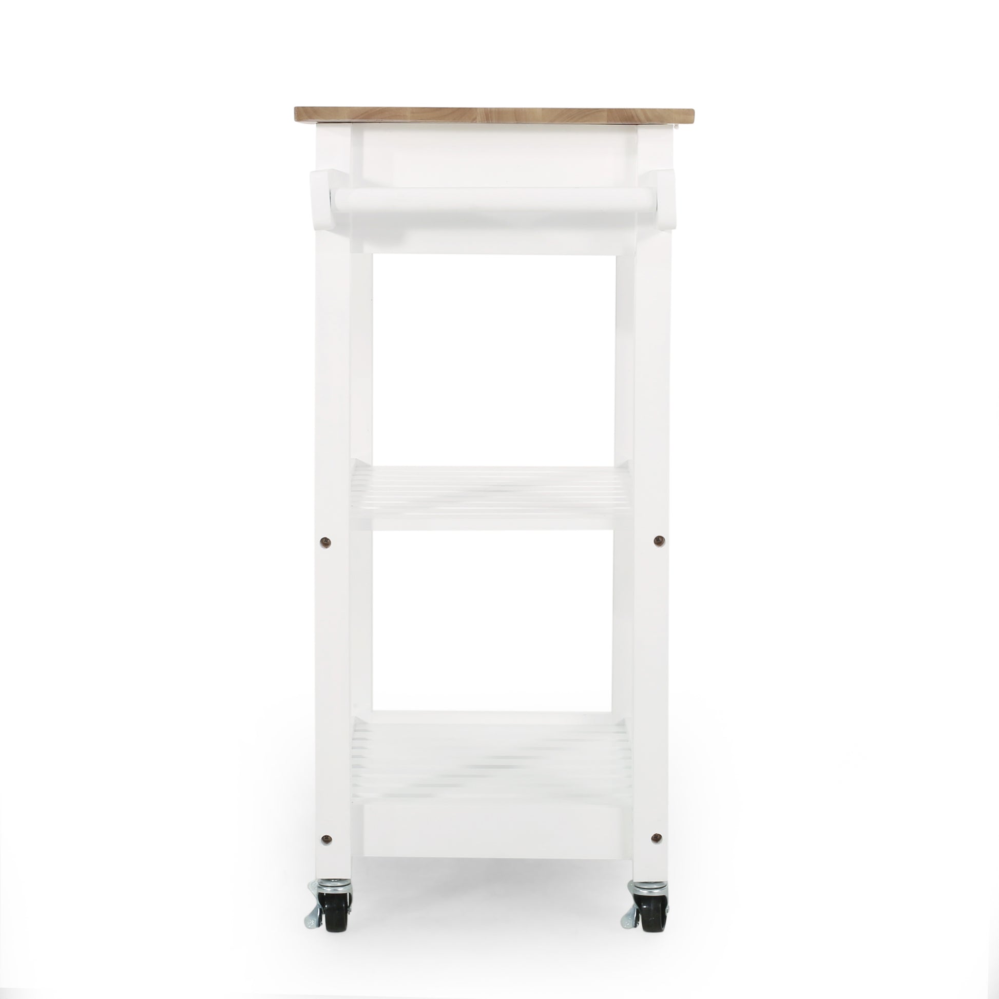 White kitchen cart with two shelves and a wooden top
