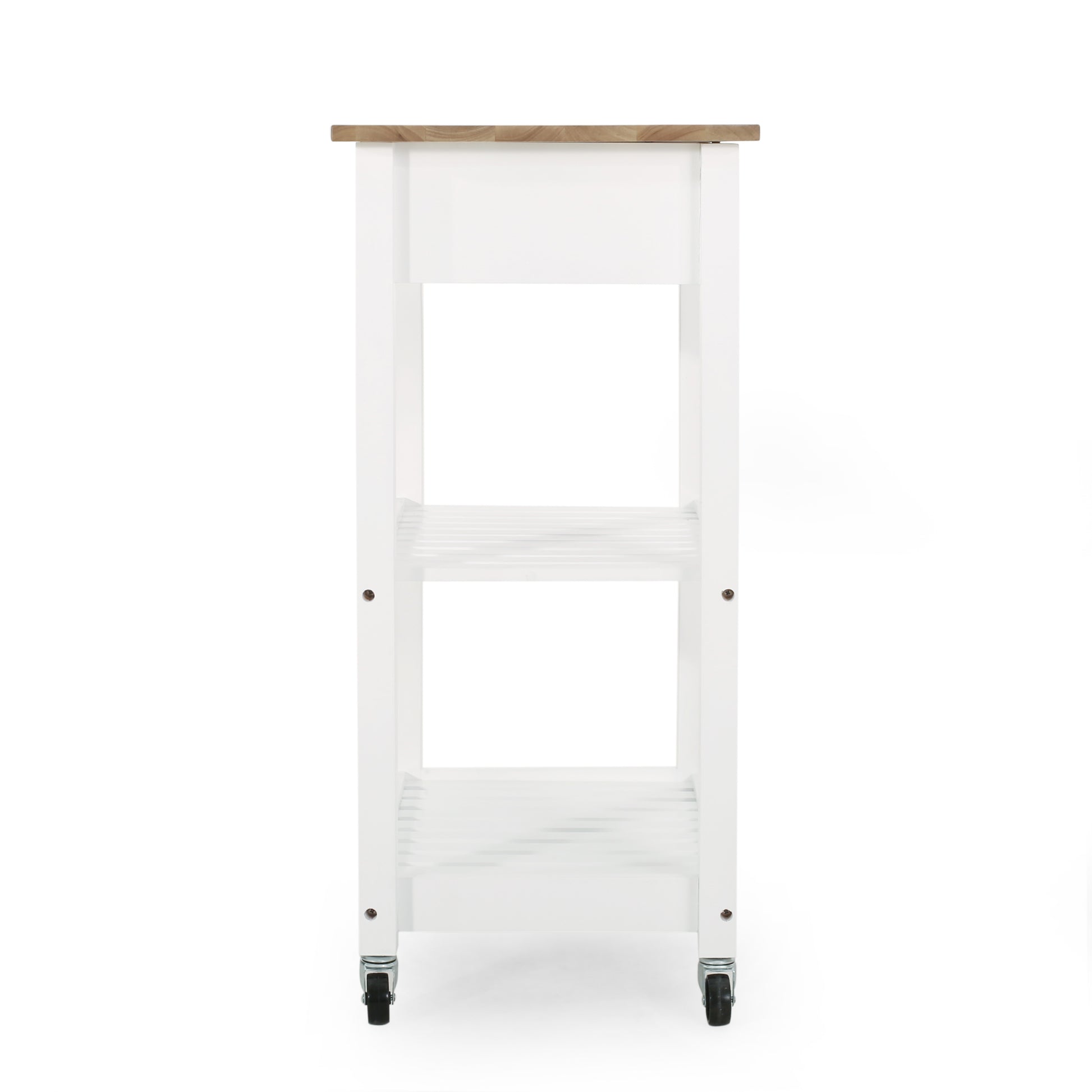White kitchen cart with two shelves and wooden top