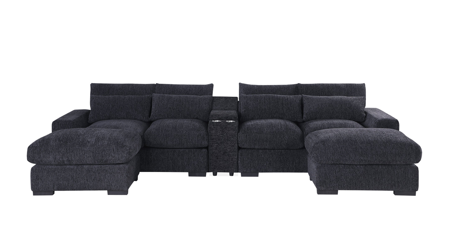 Plush charcoal gray fabric sectional sofa with chaise lounges and a central console with cup holders for ultimate comfort