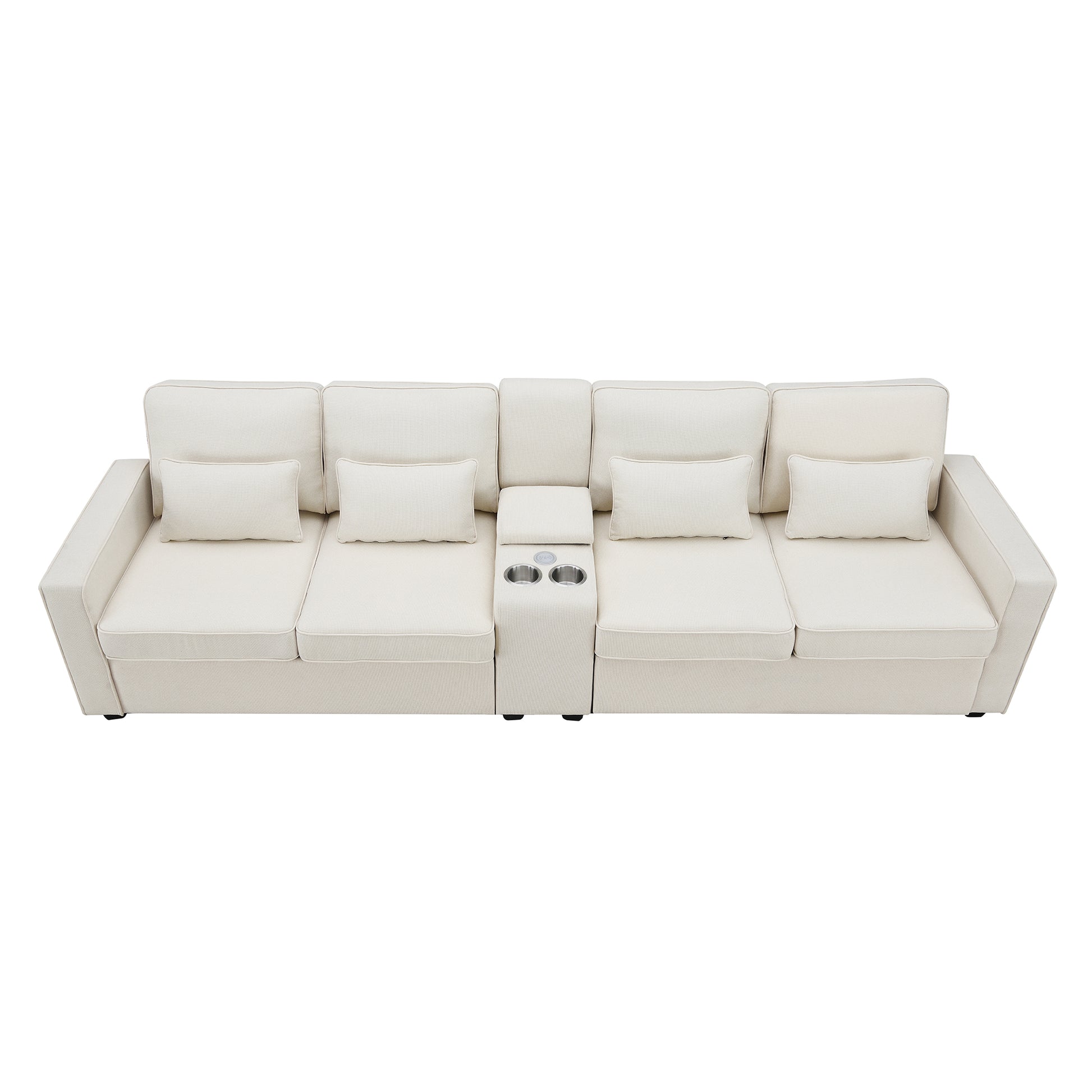 Modern beige linen sectional sofa with builtin cup holders for comfortable home theater seating
