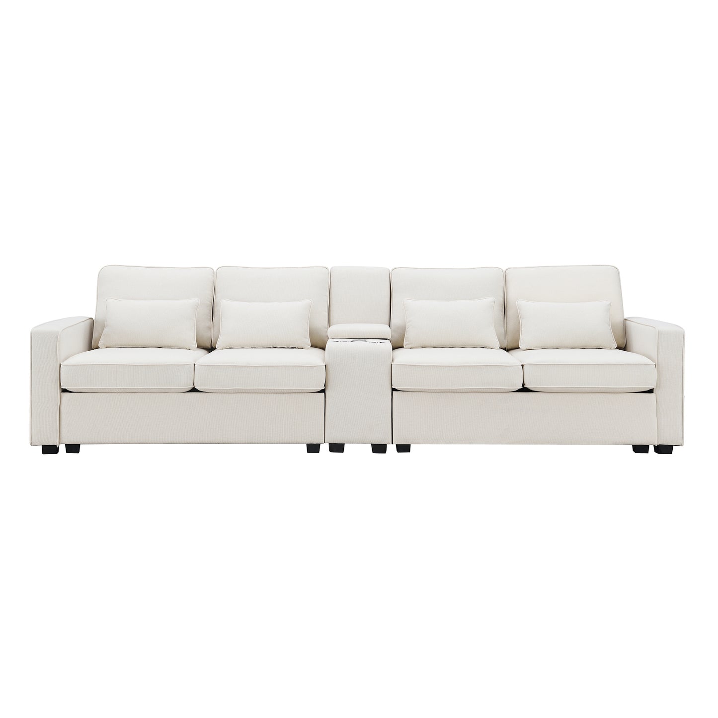 Modern ivory fabric sectional sofa with a builtin console for comfortable living room seating