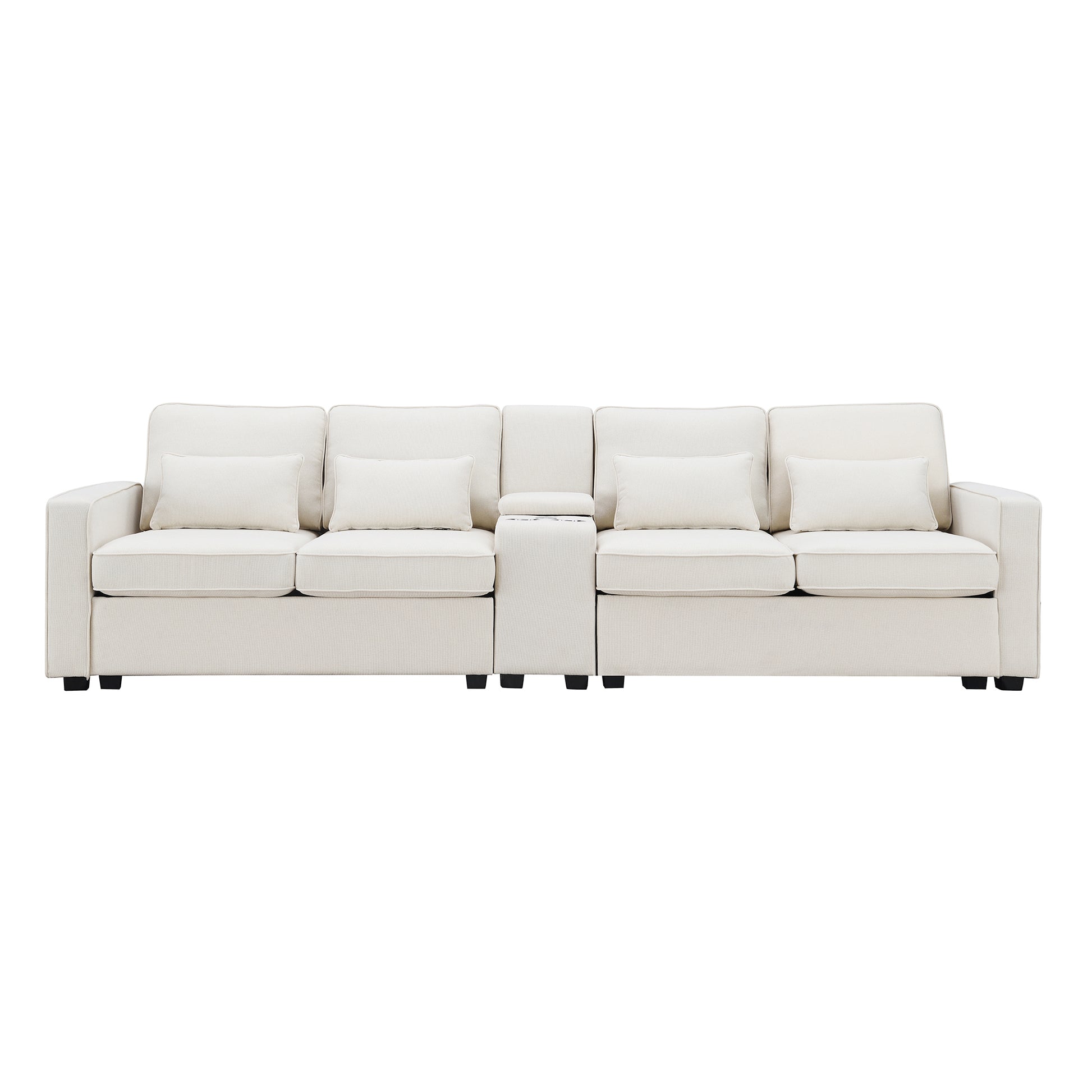 Modern ivory fabric sectional sofa with a builtin console for comfortable living room seating
