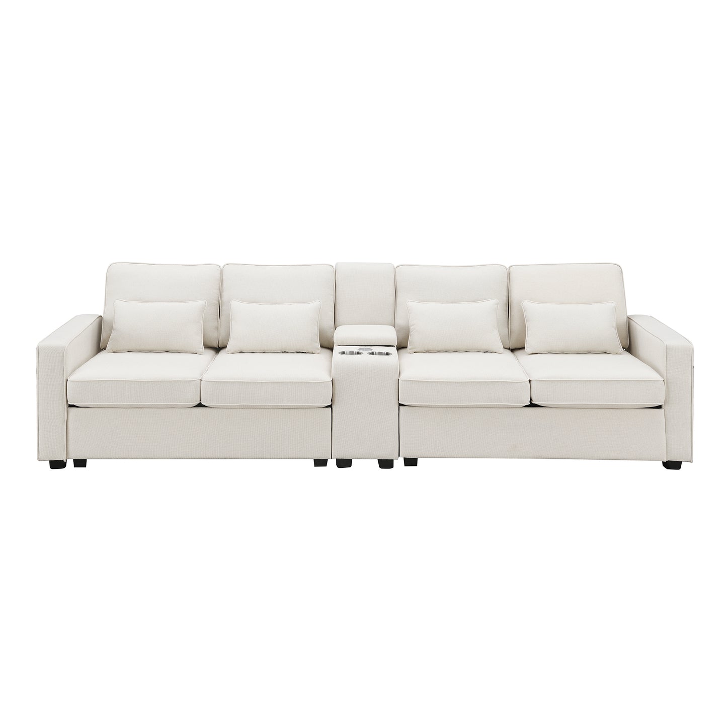 Cream sectional sofa with four seat cushions and integrated cup holders