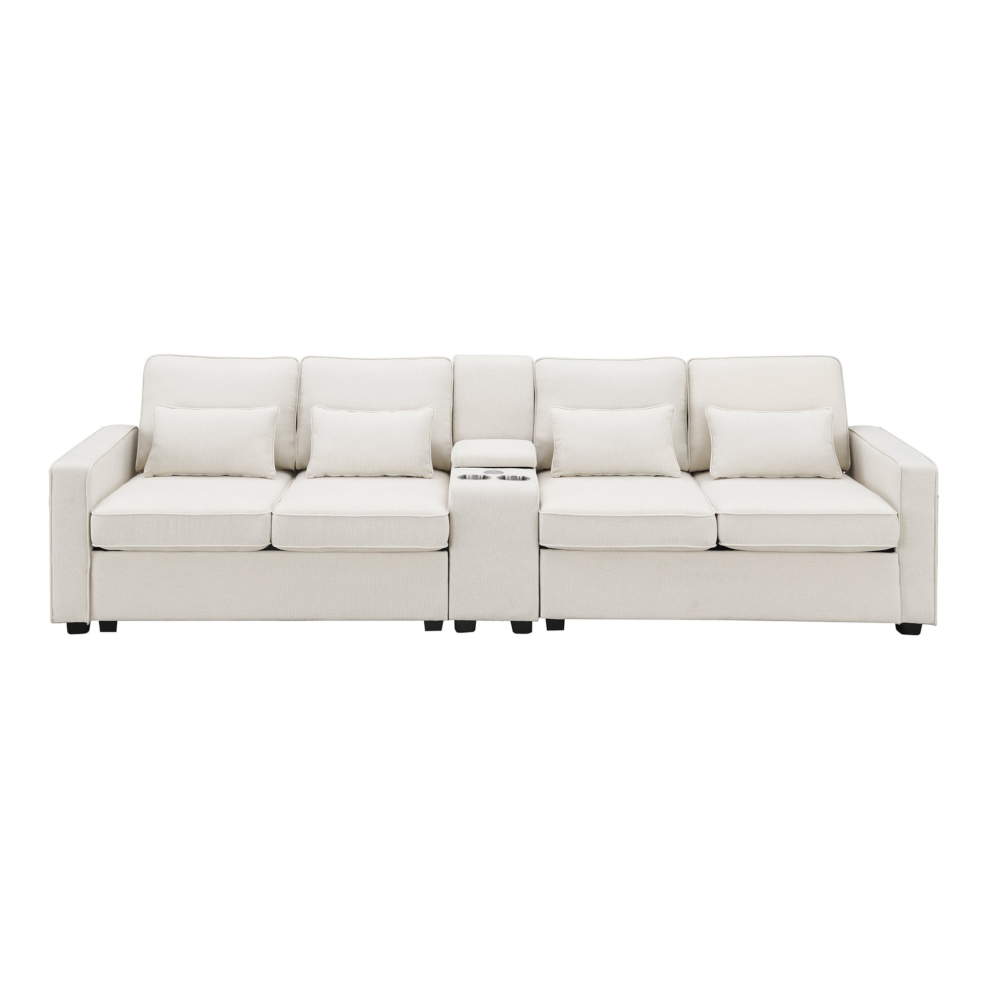 Cream sectional sofa with four seat cushions and integrated cup holders