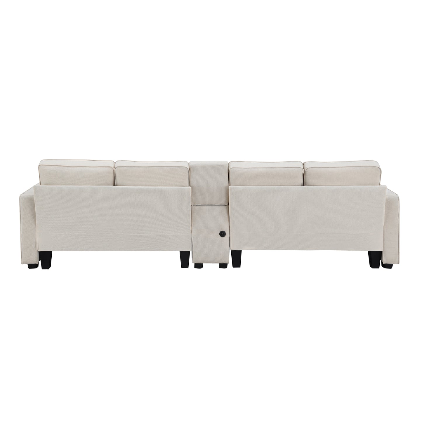 Back view of a beige fabric sectional sofa with dark wooden legs