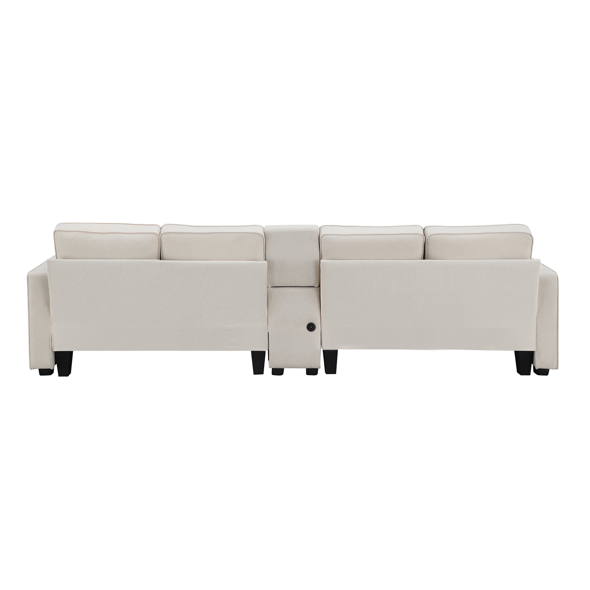 Back view of a beige fabric sectional sofa with dark wooden legs