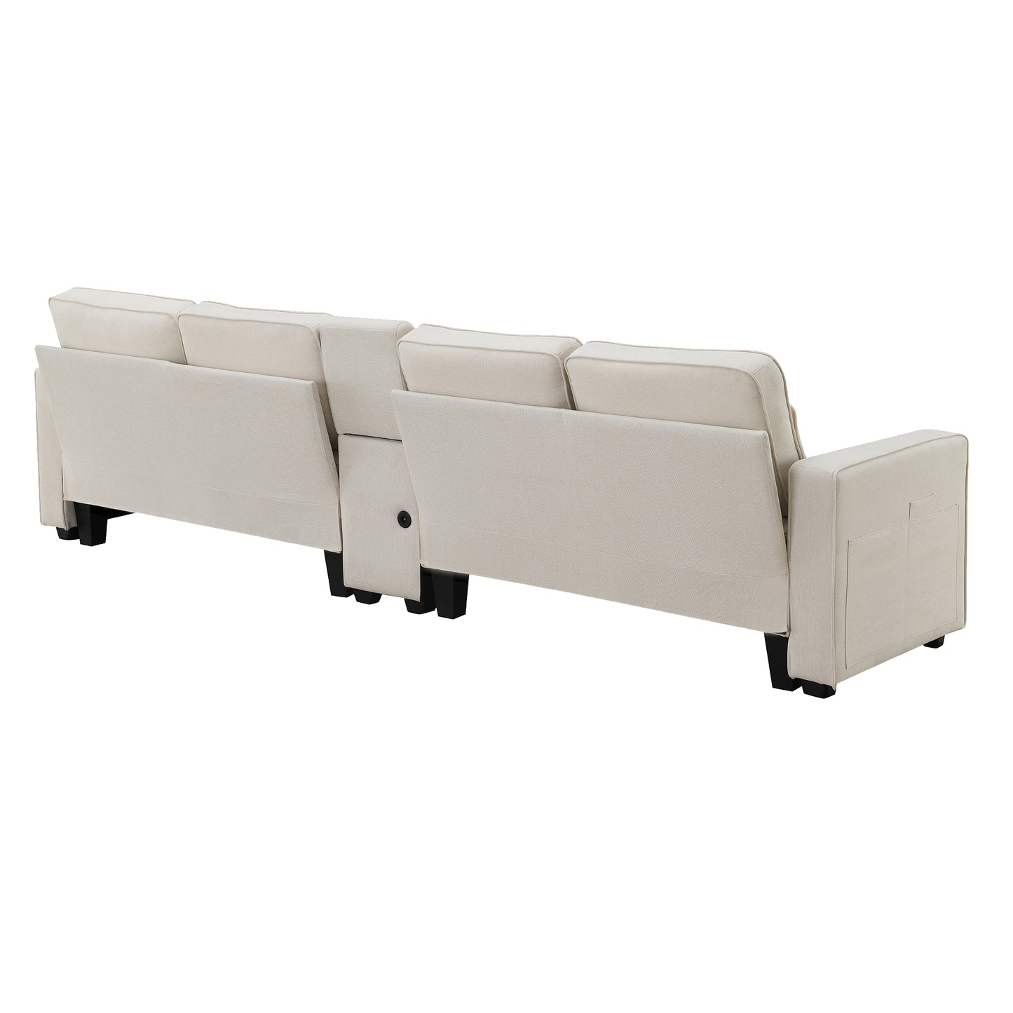 Rear view of a beige fabric sectional sofa with clean lines and dark wooden legs perfect for modern living rooms