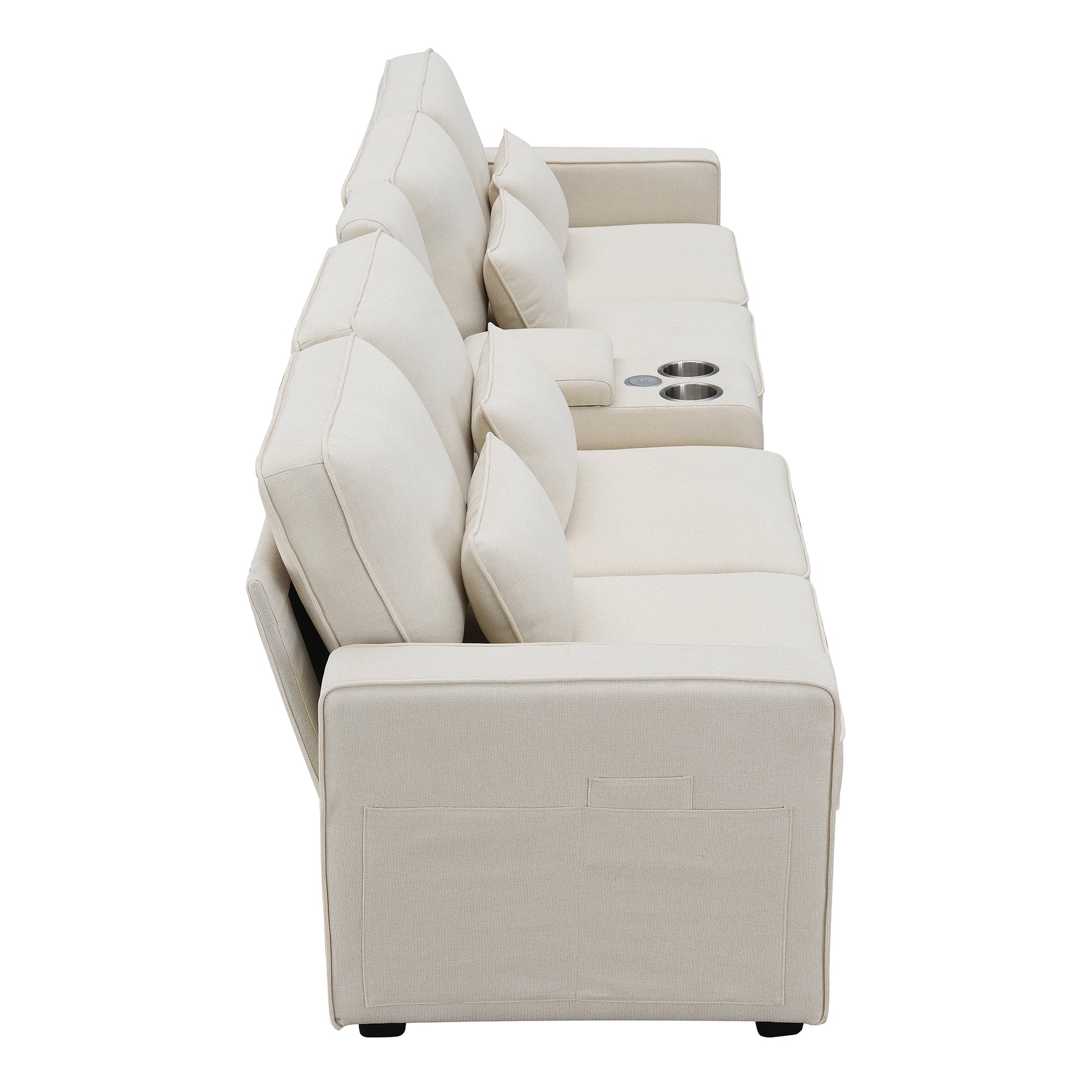 Cream linen reclining sofa with builtin cup holders and storage pockets