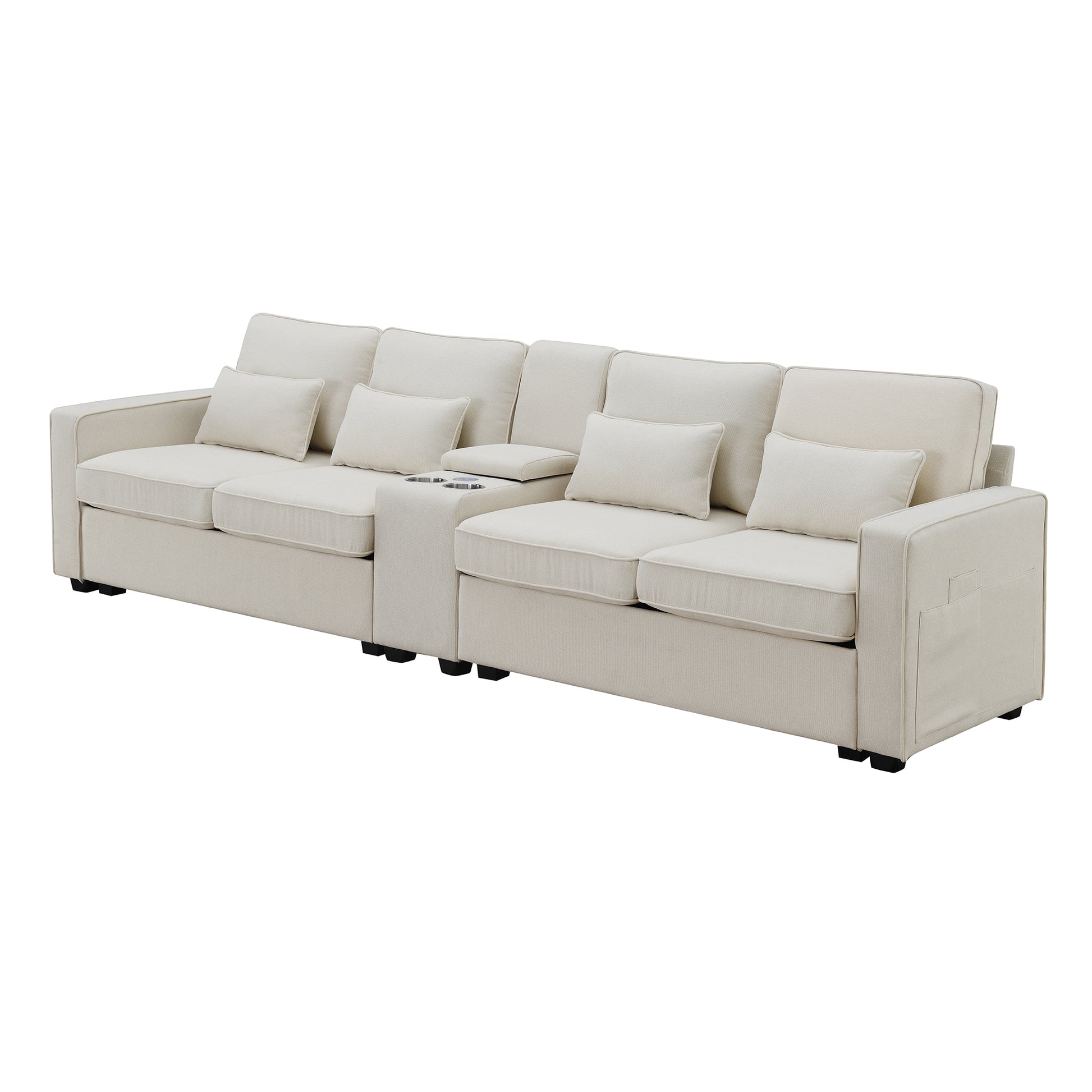 Cream fabric sectional sofa with two cup holders and integrated armrest storage