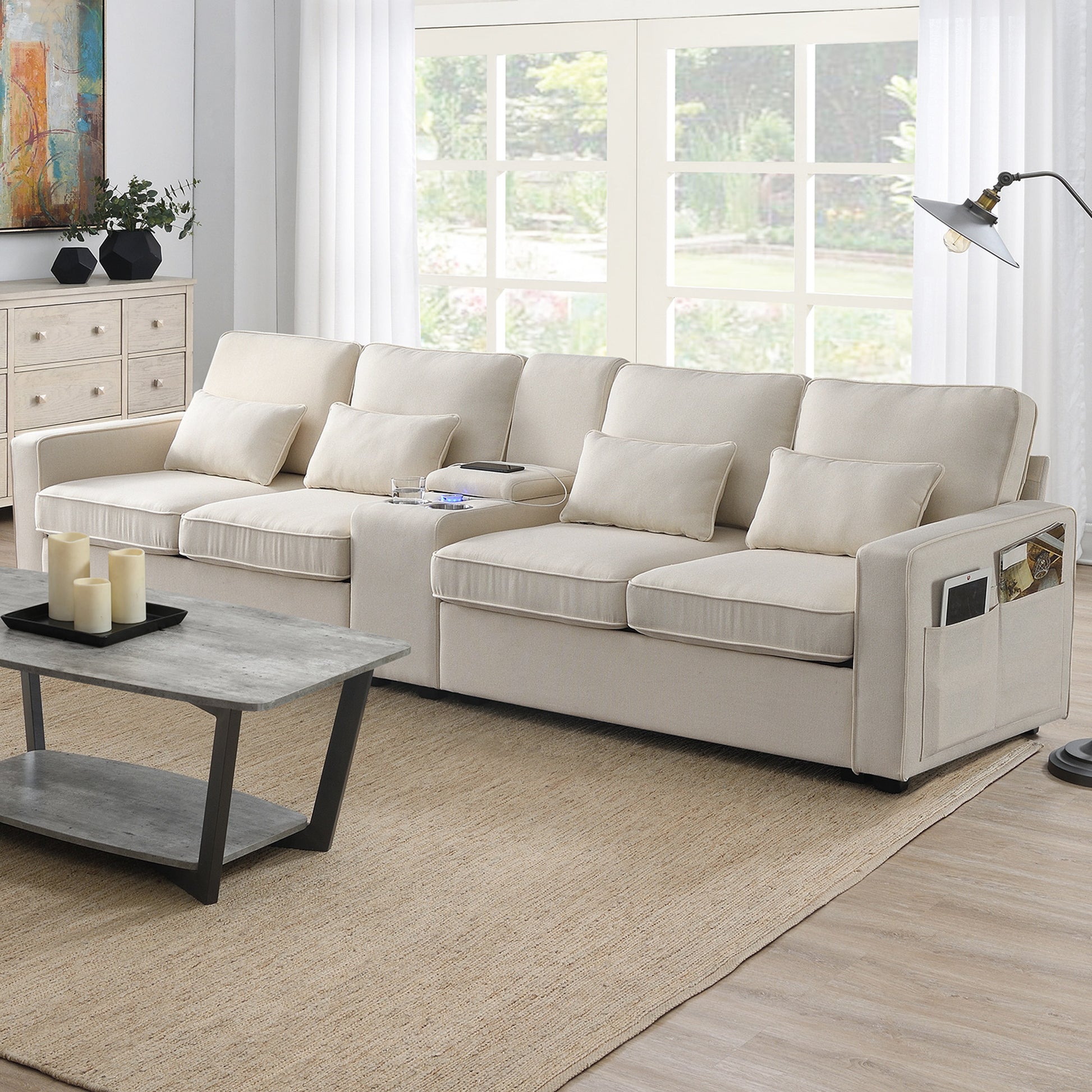 Cream fabric modular sectional sofa with builtin cup holder and USB charging for living room comfort
