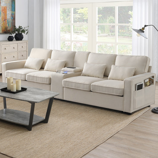 Cream fabric modular sectional sofa with builtin cup holder and USB charging for living room comfort
