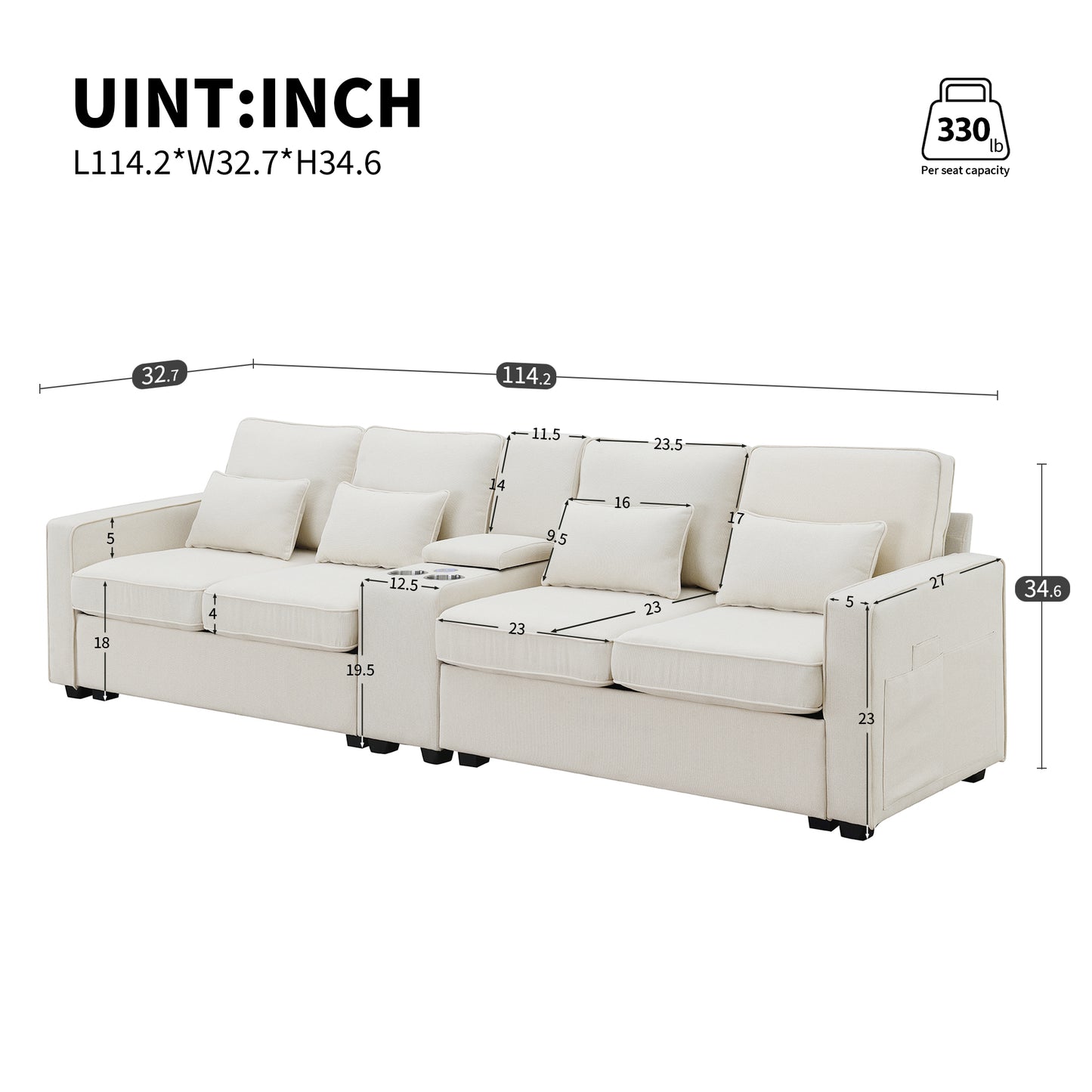 Light beige sectional sofa with multiple cushions and builtin cup holders