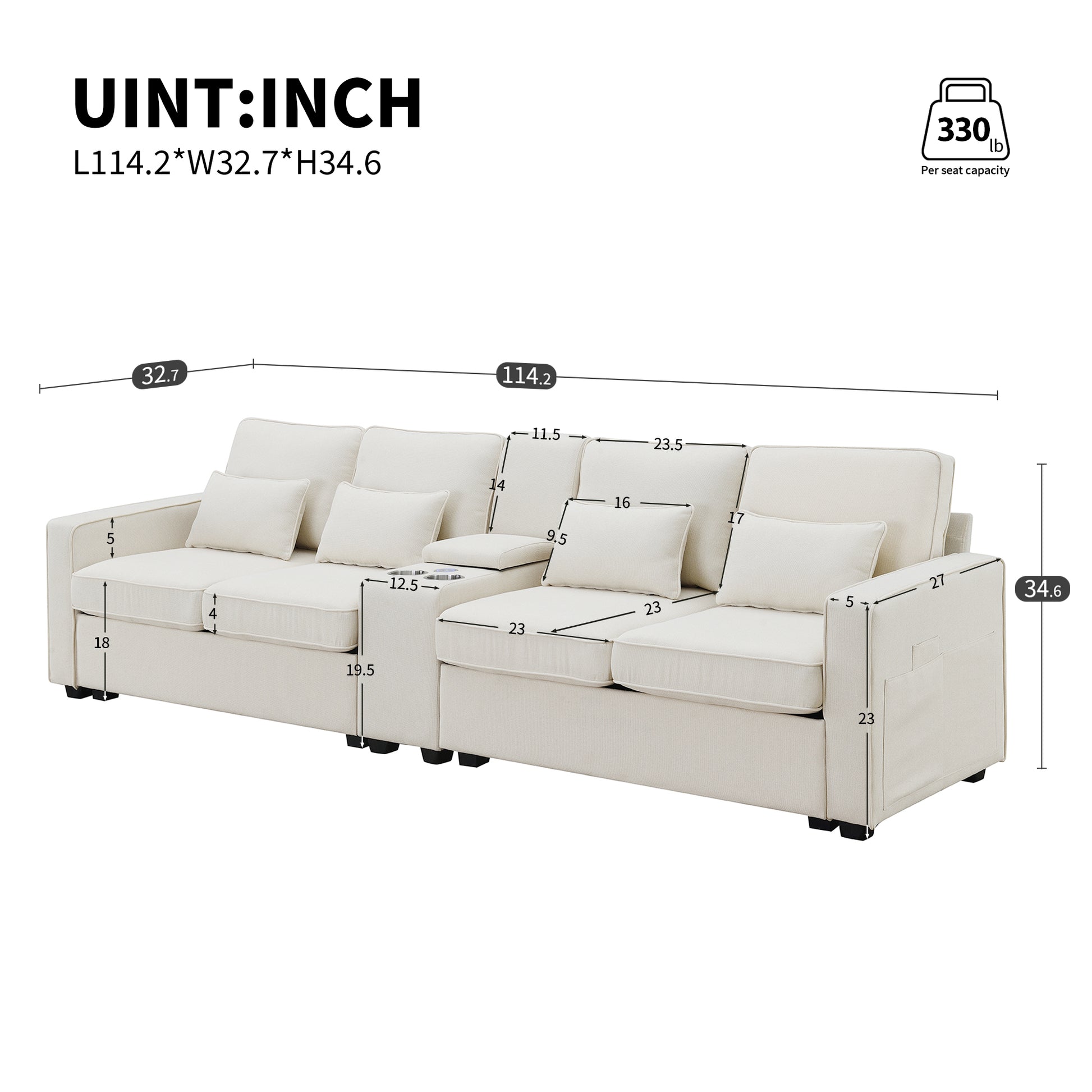 Light beige sectional sofa with multiple cushions and builtin cup holders