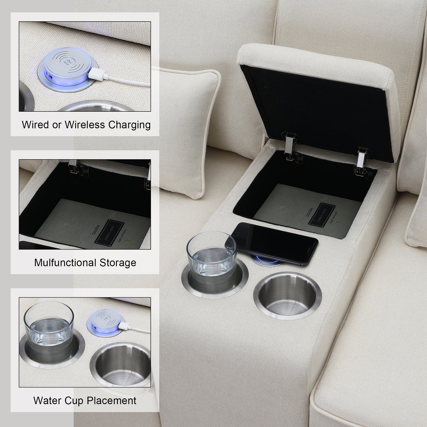 Cream fabric sofa with integrated wireless charging pad for devices