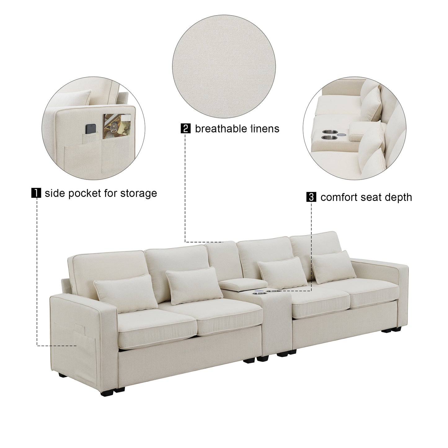 Cream sectional sofa with side storage pockets cup holders and deep comfortable seating